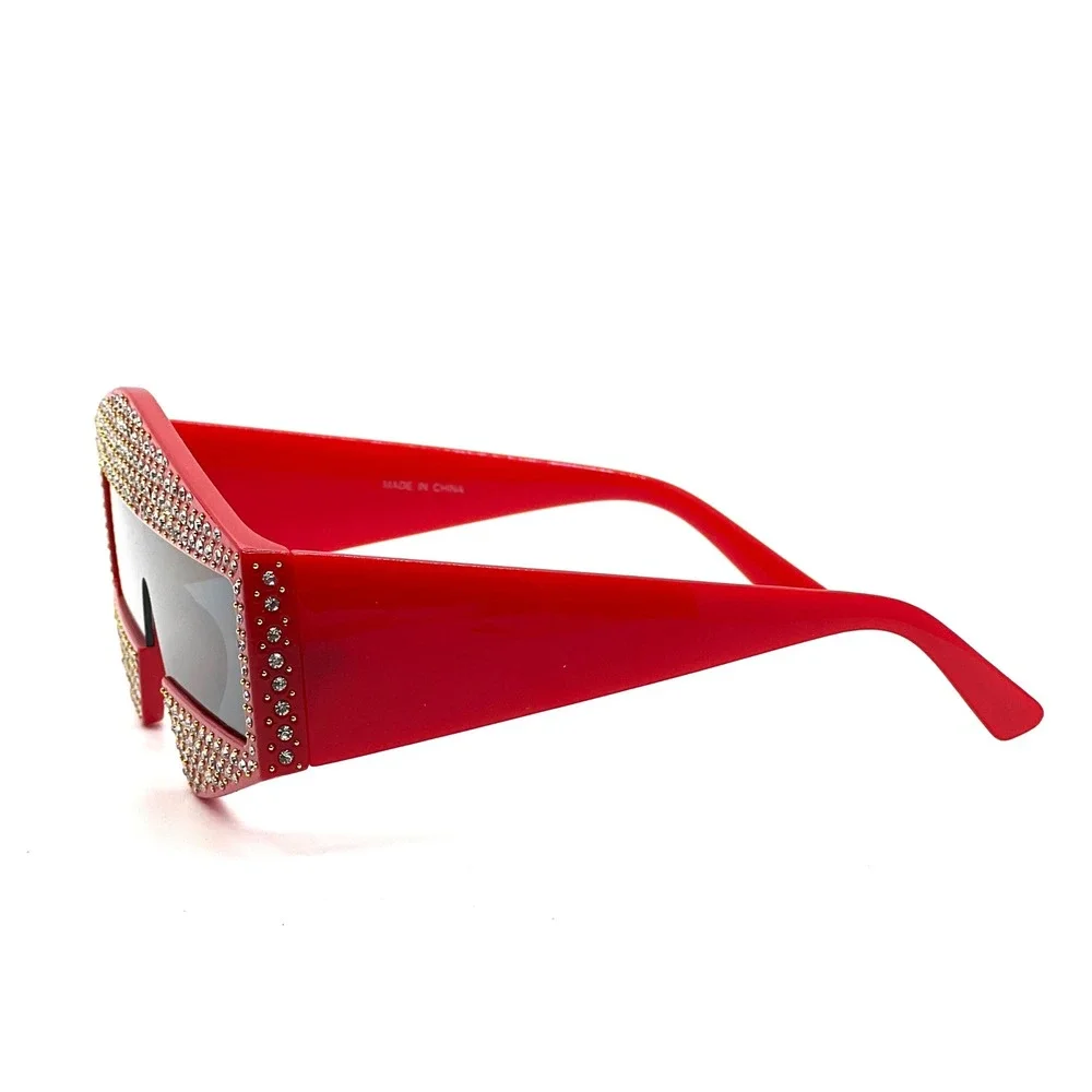 Red Sunglasses Adorned Multilayered Unique Diamond Sparkling Crystal Cool Lentes
